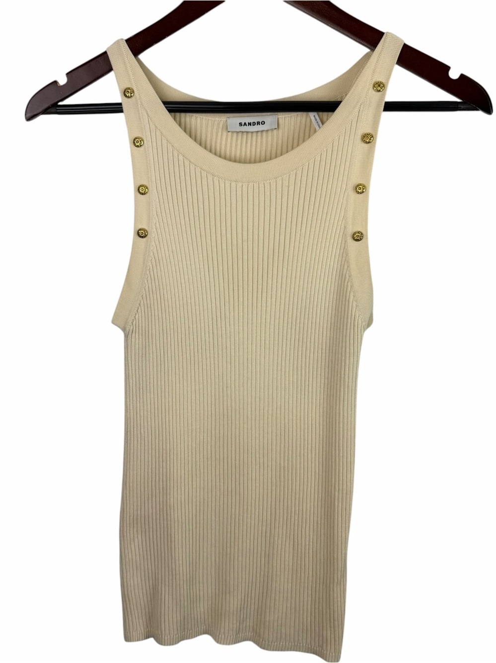 Sandro | Ivory Cream Ribbed Rivet Scoop Neck Tank Top